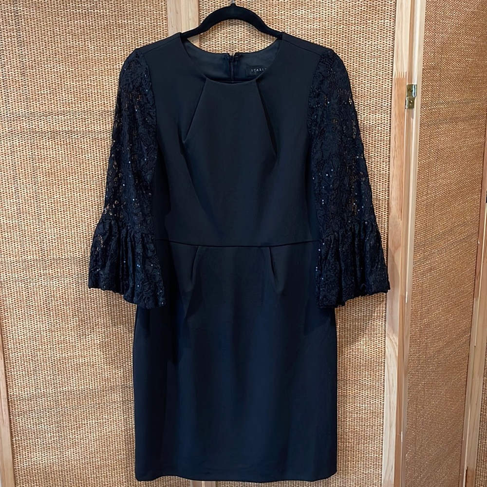 Black cocktail dress with lace and sequins bell sleeves